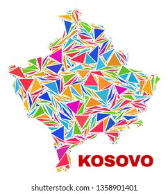 Mosaic Kosovo map of triangles in bright colors isolated on a white background. Triangular collage in shape of Kosovo map. Abstract design for patriotic purposes.