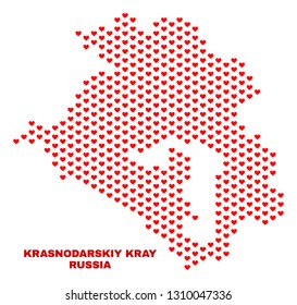 Mosaic Krasnodarskiy Kray map of heart hearts in red color isolated on a white background. Regular red heart pattern in shape of Krasnodarskiy Kray map. Abstract design for Valentine illustrations.