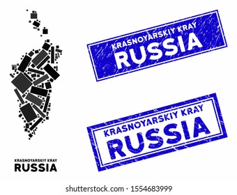 Mosaic Krasnoyarskiy Kray map and rectangle seals. Flat vector Krasnoyarskiy Kray map mosaic of random rotated rectangle items. Blue caption rubber seals with scratched surface.