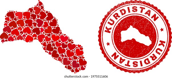 Mosaic Kurdistan map composed with red love hearts, and scratched stamp. Vector lovely round red rubber stamp imprint with Kurdistan map inside.