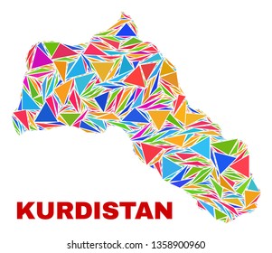 Mosaic Kurdistan map of triangles in bright colors isolated on a white background. Triangular collage in shape of Kurdistan map. Abstract design for patriotic illustrations.