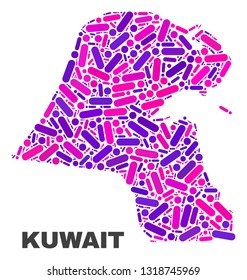 Mosaic Kuwait map isolated on a white background. Vector geographic abstraction in pink and violet colors. Mosaic of Kuwait map combined of scattered round points and lines.