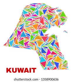Mosaic Kuwait map of triangles in bright colors isolated on a white background. Triangular collage in shape of Kuwait map. Abstract design for patriotic illustrations.