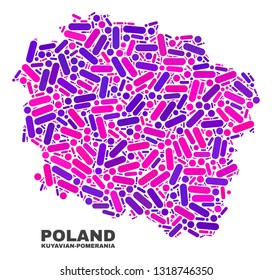 Mosaic Kuyavian-Pomeranian Voivodeship map isolated on a white background. Vector geographic abstraction in pink and violet colors.