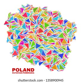 Mosaic Kuyavian-Pomeranian Voivodeship map of triangles in bright colors isolated on a white background. Triangular collage in shape of Kuyavian-Pomeranian Voivodeship map.