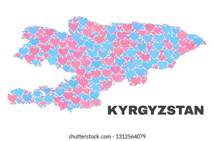 Mosaic Kyrgyzstan map of love hearts in pink and blue colors isolated on a white background. Lovely heart collage in shape of Kyrgyzstan map. Abstract design for Valentine illustrations.