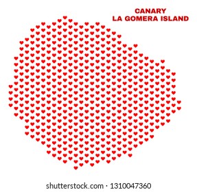 Mosaic La Gomera Island map of love hearts in red color isolated on a white background. Regular red heart pattern in shape of La Gomera Island map. Abstract design for Valentine decoration.