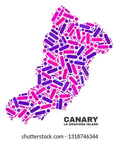 Mosaic La Graciosa Island map isolated on a white background. Vector geographic abstraction in pink and violet colors. Mosaic of La Graciosa Island map combined of scattered circle dots and lines.