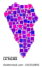 Mosaic La Palma Island map isolated on a white background. Vector geographic abstraction in pink and violet colors. Mosaic of La Palma Island map combined of scattered small squares.