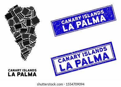 Mosaic La Palma Island map and rectangular seal stamps. Flat vector La Palma Island map mosaic of random rotated rectangular items. Blue caption seal stamps with grunged textures.