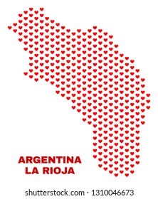 Mosaic La Rioja of Argentina map of heart hearts in red color isolated on a white background. Regular red heart pattern in shape of La Rioja of Argentina map.