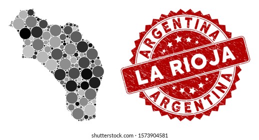 Mosaic La Rioja of Argentina map and round rubber print. Flat vector La Rioja of Argentina map mosaic of random round elements. Red rubber stamp with grunged design.