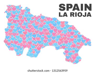 Mosaic La Rioja of Spain map of lovely hearts in pink and blue colors isolated on a white background. Lovely heart collage in shape of La Rioja of Spain map. Abstract design for Valentine decoration.