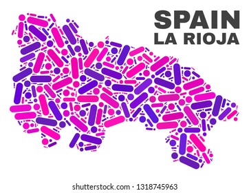 Mosaic La Rioja of Spain map isolated on a white background. Vector geographic abstraction in pink and violet colors. Mosaic of La Rioja of Spain map combined of scattered round dots and lines.