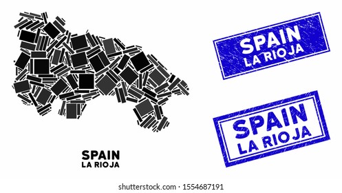 Mosaic La Rioja of Spain map and rectangle watermarks. Flat vector La Rioja of Spain map mosaic of random rotated rectangle items. Blue caption watermarks with grunge textures.