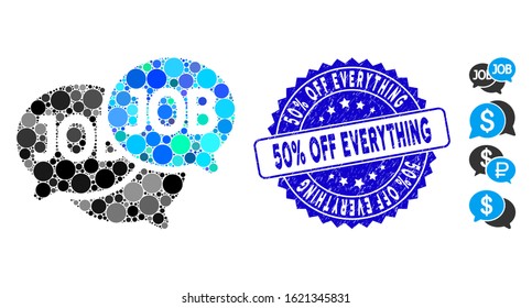 Mosaic labor market icon and corroded stamp seal with 50% Off Everything caption. Mosaic vector is created with labor market icon and with random round elements.