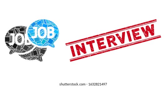 Mosaic labor market icon and red Interview seal stamp between double parallel lines. Flat vector labor market mosaic icon of random rotated rectangular items.