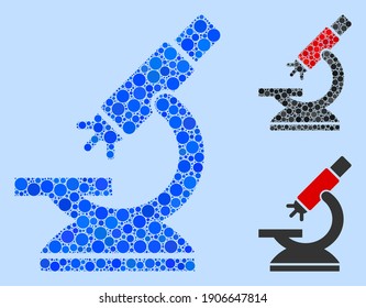 Mosaic Labs microscope icon constructed from spheric elements in random sizes, positions and proportions. Vector blue spheric parts are united into abstract mosaic labs microscope icon.