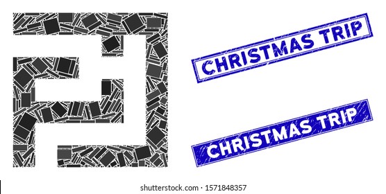Mosaic labyrinth icon and rectangle Christmas Trip seal stamps. Flat vector labyrinth mosaic pictogram of randomized rotated rectangle items. Blue Christmas Trip rubber stamps with grunge surface.