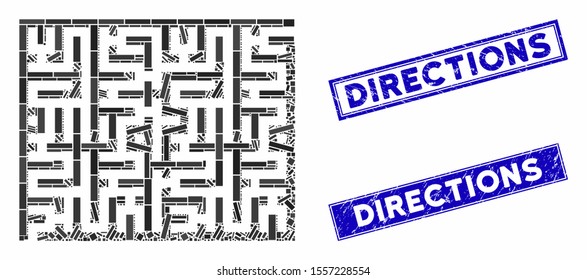 Mosaic labyrinth pictogram and rectangle seal stamps. Flat vector labyrinth mosaic pictogram of scattered rotated rectangular elements. Blue caption seal stamps with distress surface.