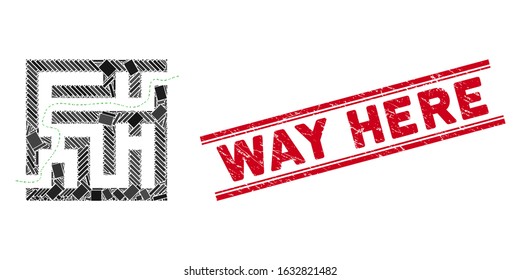 Mosaic labyrinth route icon and red Way Here seal between double parallel lines. Flat vector labyrinth route mosaic icon of randomized rotated rectangular items.
