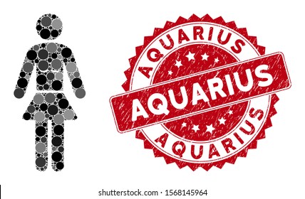 Mosaic lady and corroded stamp seal with Aquarius text. Mosaic vector is formed from lady icon and with scattered spheric spots. Aquarius stamp seal uses red color, and distress surface.