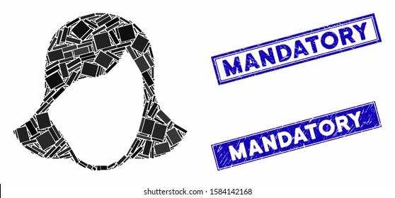 Mosaic lady face template icon and rectangle Mandatory rubber prints. Flat vector lady face template mosaic pictogram of random rotated rectangular elements.