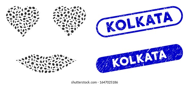Mosaic lady love smiley and grunge stamp seals with Kolkata phrase. Mosaic vector lady love smiley is formed with scattered elliptic dots. Kolkata stamp seals use blue color,