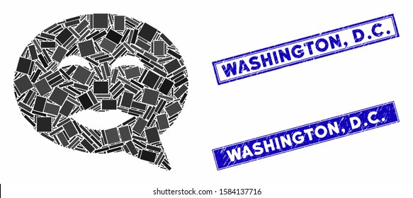 Mosaic lady pleasure smiley message icon and rectangle Washington, D.C. seal stamps. Flat vector lady pleasure smiley message mosaic icon of randomized rotated rectangle items. Blue Washington, D.C.