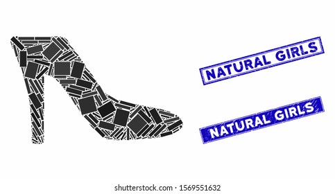 Mosaic lady shoe icon and rectangular seal stamps. Flat vector lady shoe mosaic pictogram of scattered rotated rectangular items. Blue caption seal stamps with distress textures.