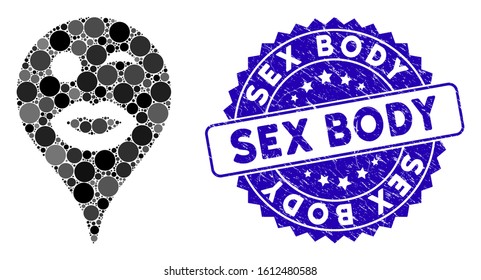 Mosaic lady wink smiley map marker icon and distressed stamp watermark with Sex Body phrase. Mosaic vector is formed with lady wink smiley map marker icon and with random circle elements.