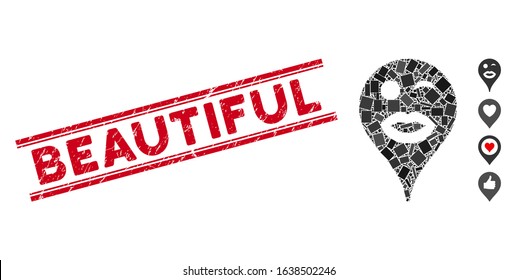 Mosaic lady wink smiley map marker pictogram and red Beautiful stamp between double parallel lines. Flat vector lady wink smiley map marker mosaic pictogram of randomized rotated rectangle items.
