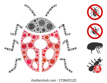Mosaic ladybird bug united from SARS virus icons in various sizes and color hues. Vector viral icons are united into abstract mosaic ladybird bug icon. Some bonus icons are added.