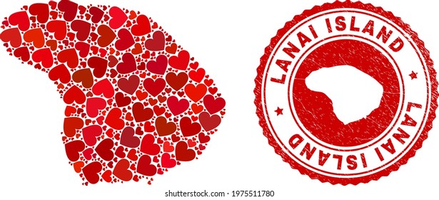 Mosaic Lanai Island map created with red love hearts, and rubber seal. Vector lovely round red rubber seal imprint with Lanai Island map inside.