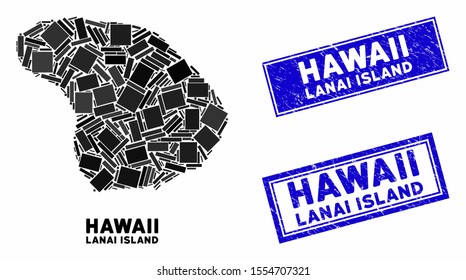 Mosaic Lanai Island map and rectangular seal stamps. Flat vector Lanai Island map mosaic of scattered rotated rectangular elements. Blue caption seal stamps with dirty surface.