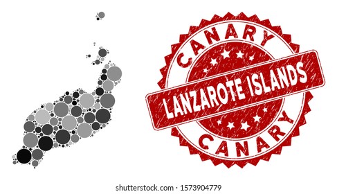 Mosaic Lanzarote Islands map and circle seal stamp. Flat vector Lanzarote Islands map mosaic of scattered circle items. Red rubber stamp with rubber texture.