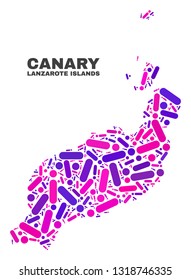 Mosaic Lanzarote Islands map isolated on a white background. Vector geographic abstraction in pink and violet colors. Mosaic of Lanzarote Islands map combined of random round points and lines.