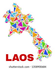 Mosaic Laos map of triangles in bright colors isolated on a white background. Triangular collage in shape of Laos map. Abstract design for patriotic illustrations.