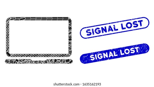 Mosaic laptop computer and grunge stamp watermarks with Signal Lost text. Mosaic vector laptop computer is composed with random rectangle items. Signal Lost stamp seals use blue color,