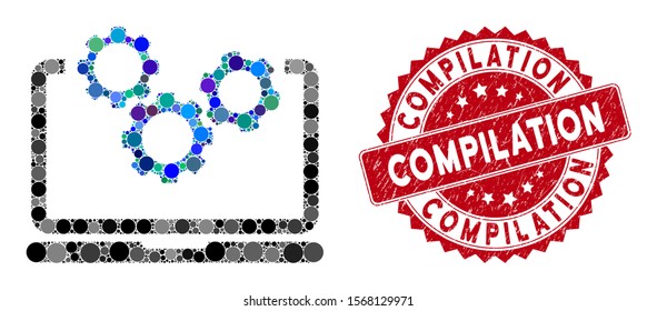 Mosaic laptop and gears and distressed stamp seal with Compilation text. Mosaic vector is composed with laptop and gears icon and with scattered circle items. Compilation stamp seal uses red color,