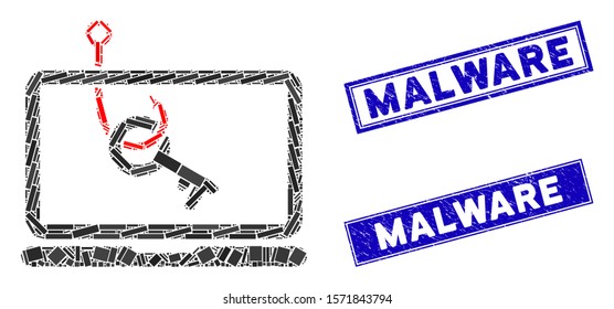 Mosaic laptop key phishing pictogram and rectangle Malware seals. Flat vector laptop key phishing mosaic pictogram of scattered rotated rectangle elements.