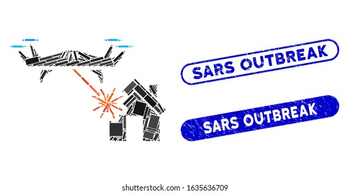 Mosaic laser drone attacks house and grunge stamp seals with Sars Outbreak text. Mosaic vector laser drone attacks house is composed with randomized rectangles.