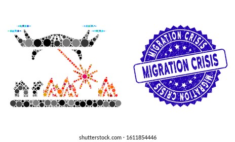 Mosaic laser drone attacks village icon and corroded stamp seal with Migration Crisis phrase. Mosaic vector is created with laser drone attacks village pictogram and with random spheric items.