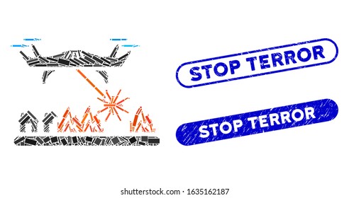 Mosaic laser drone attacks village and corroded stamp seals with Stop Terror text. Mosaic vector laser drone attacks village is created with random rectangle items.