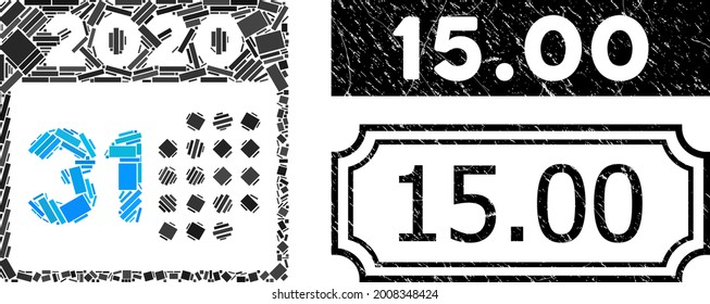 Mosaic last 2020 day designed from rectangle items, and black grunge 15.00 rectangle stamp with notches. Vector rectangle elements are combined into abstract mosaic last 2020 day icon.