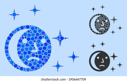 Mosaic Last night icon constructed from round elements in random sizes, positions and proportions. Vector blue circle elements are organized into abstract mosaic last night icon.