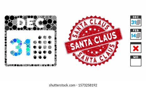 Mosaic last year day icon and rubber stamp seal with Santa Claus text. Mosaic vector is designed with last year day icon and with random round items. Santa Claus stamp uses red color,