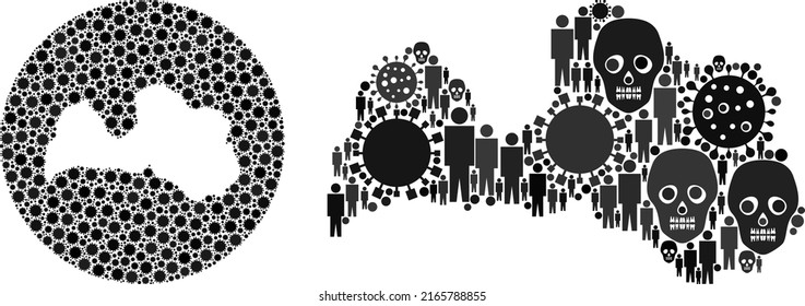 Mapa de Letonia Mosaic compuesto por elementos de virus cómodos y personas y elementos de cabeza muerta. Virus de la gripe Letonia mapea el mosaico diseñado con esfera y esténcil. Las colonias están diseñadas para proyectos de aislamiento.