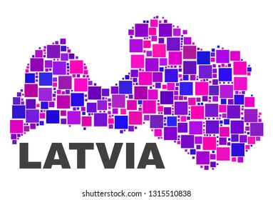 Mosaic Latvia map isolated on a white background. Vector geographic abstraction in pink and violet colors. Mosaic of Latvia map combined of random square elements.