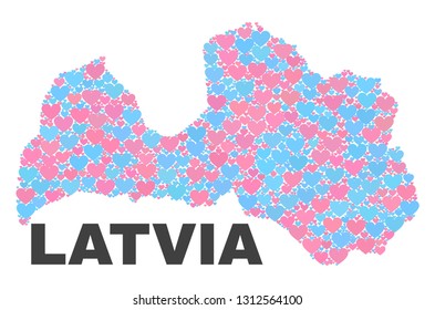 Mosaic Latvia map of love hearts in pink and blue colors isolated on a white background. Lovely heart collage in shape of Latvia map. Abstract design for Valentine illustrations.
